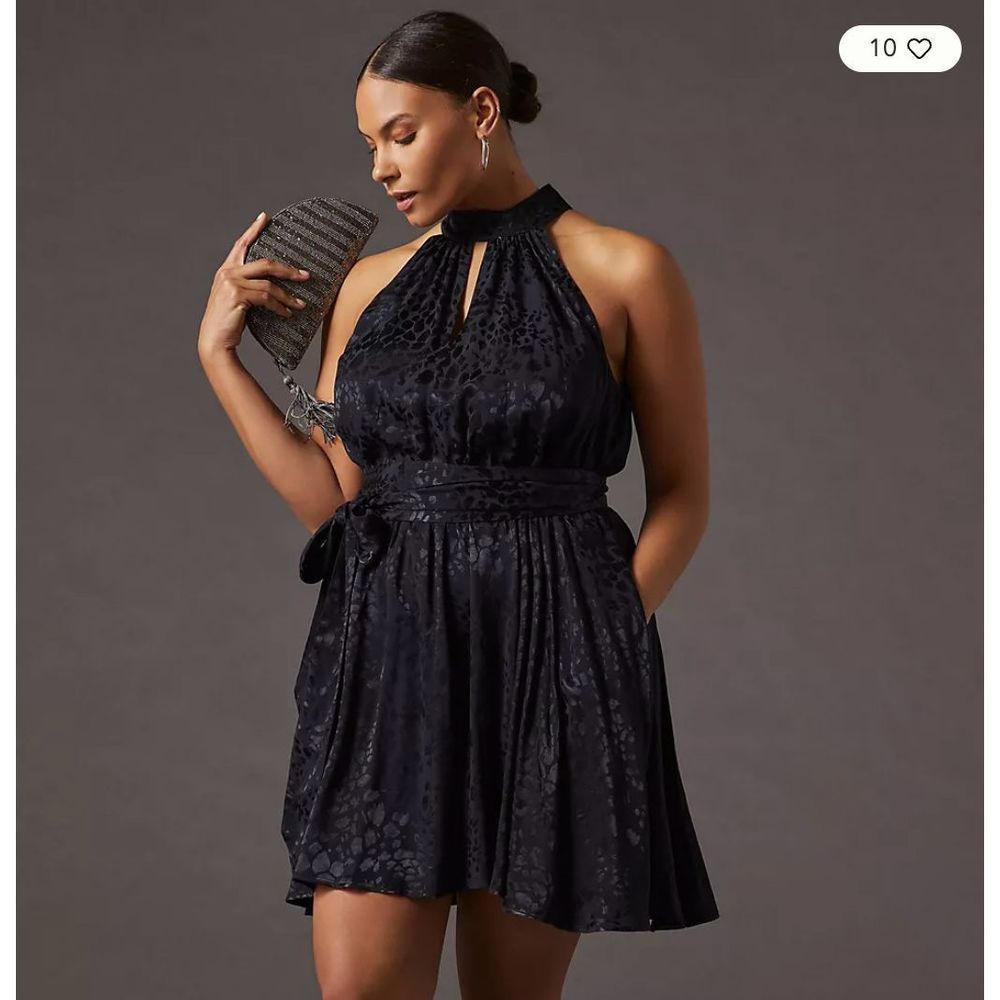 By Anthropologie Halter Neck Mini Dress Black Leopard Print 1X